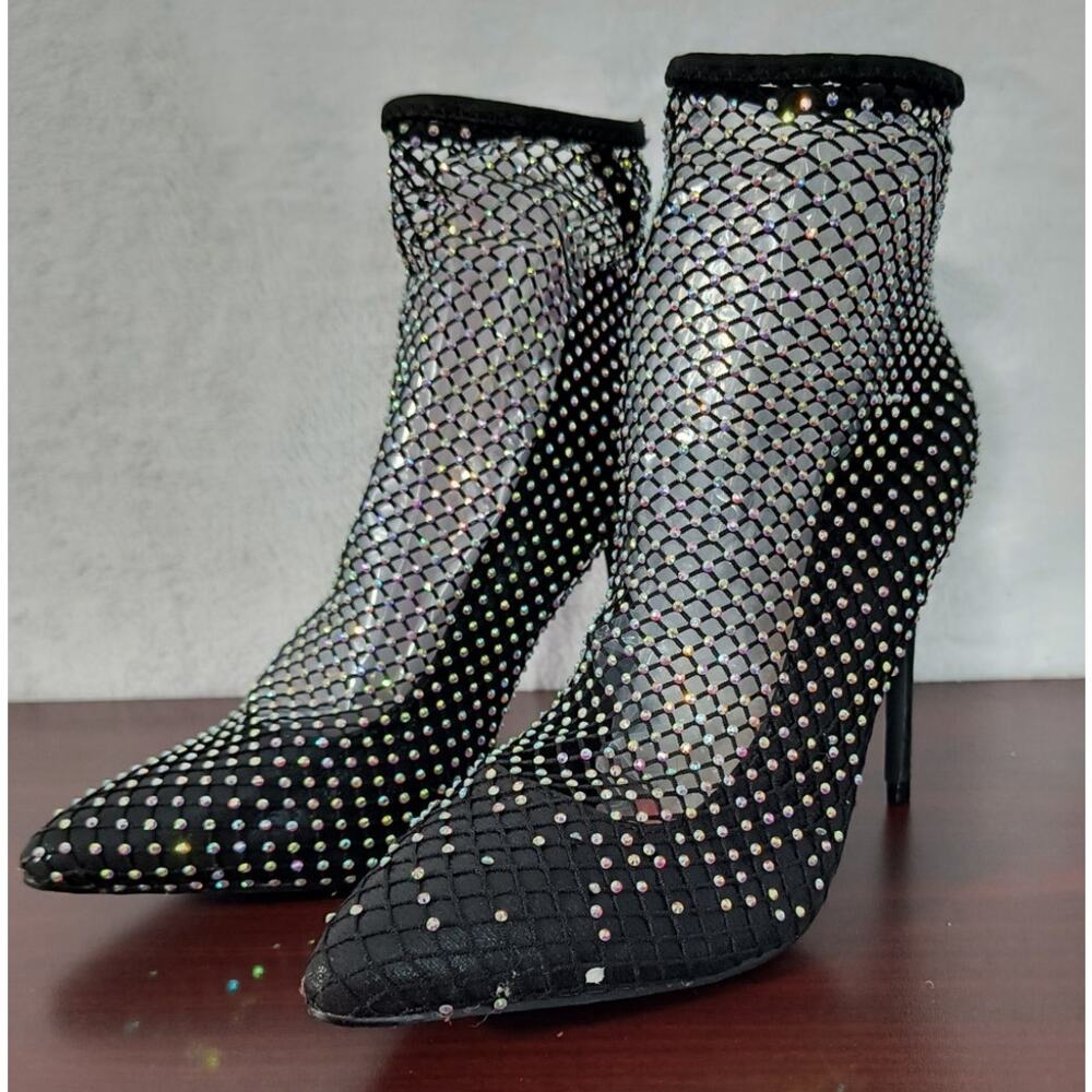 Anne Michelle Hibiscus-51 Rhinestone Fishnet Heels Women's Size 8 Black